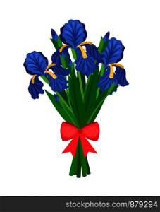 Bouquet of blue irises with red bow. Flower bouquet on white background. Bouquet of blue irises