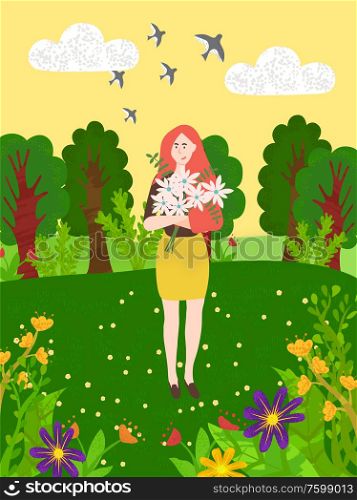 Bouquet of daisy flowers in hands of pretty woman on background with green tree, bushes and blooming buds. Vector forest landscape, girl and birds in sky. Bouquet of Daisy Flowers in Hands of Pretty Woman