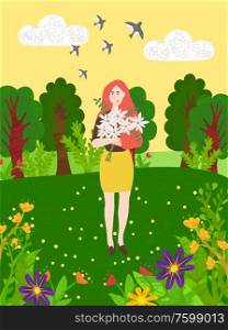 Bouquet of daisy flowers in hands of pretty woman on background with green tree, bushes and blooming buds. Vector forest landscape, girl and birds in sky. Bouquet of Daisy Flowers in Hands of Pretty Woman