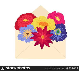Bouquet of flowers in open envelope. Greeting card for valentines day birthday or mothers day. Love letter with wildflower blossom inside. Present with beautiful plants for holiday. Bouquet of flowers in open envelope. Greeting card for valentines day birthday or mothers day