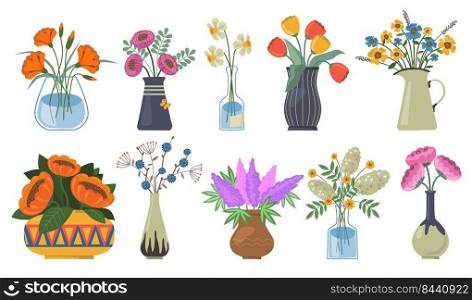 Bouquet of flowers set. Tulips buds, narcissus, lilac bunch with vases, jugs and glass bottles with water. Spring flowers, plants for decoration, blooming herbs isolated on white background