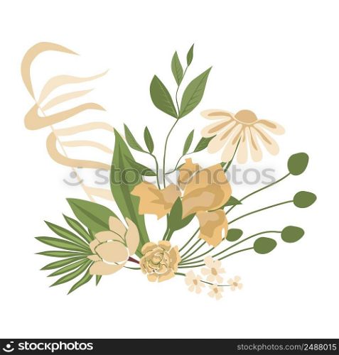 Bouquet of flowers, vector illustration, white and cream flowers, greenery. Isolated on white background. Fashion illustration in trend