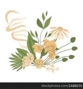 Bouquet of flowers, vector illustration, white and cream flowers, greenery. Isolated on white background. Fashion illustration in trend