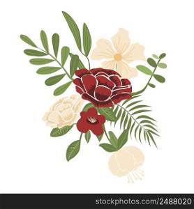 Bouquet of flowers, vector illustration, white and red flowers, greenery. Isolated on white background. Fashion illustration in trend