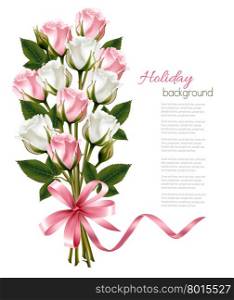 Bouquet of pink and white roses and pink ribbon. Vector.