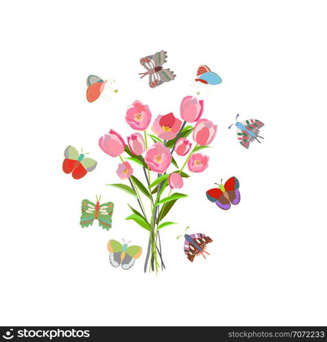 Bouquet of pink tulips with border of butterflies. Hand illustration isolated on white background. T-shirt, card, poster design element. Vector Illustration.. Bouquet of pink tulips and butterflies illustration.