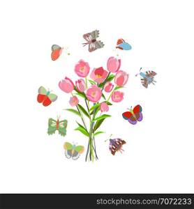 Bouquet of pink tulips with border of butterflies. Hand illustration isolated on white background. T-shirt, card, poster design element. Vector Illustration.. Bouquet of pink tulips and butterflies illustration.