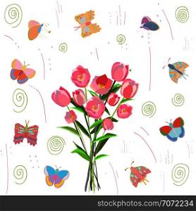Bouquet of pink tulips with border of butterflies. Hand illustration on white background. Greeting card, poster design element. Vector Illustration.. Bouquet of pink tulips with border of butterflies.