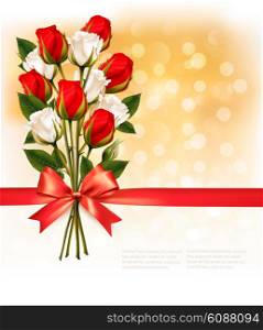 Bouquet of red and white roses with a red ribbon on gold booker background. Vector.