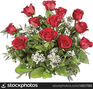 Bouquet of Red Roses and White Lilac Vector Illustration