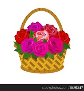 Bouquet of roses in the basket isolated on white background. Bouquet of roses in the basket