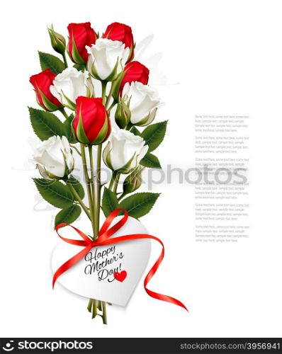 Bouquet of roses with a heart-shaped Happy Mother&rsquo;s Day note and red ribbon. Vector.