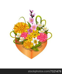 Bouquet of spring flowers in heart shape decorative box with daffodils, anemone blossoms, sakura branches and camellia vector illustration isolated. Bouquet of Spring Flowers in Heart Shape Decor Box