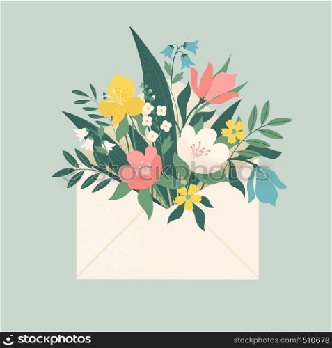 Bouquet of spring flowers inside the envelope and other decor elements. Flat design. Paper cut style. Hand drawn trendy vector greeting card. Bouquet of spring flowers inside the envelope and other decor elements. Flat design. Paper cut style. Hand drawn trendy vector greeting card.