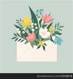 Bouquet of spring flowers inside the envelope and other decor elements. Flat design. Paper cut style. Hand drawn trendy vector greeting card. Bouquet of spring flowers inside the envelope and other decor elements. Flat design. Paper cut style. Hand drawn trendy vector greeting card.