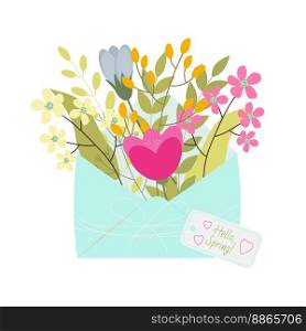 Bouquet of spring flowers inside the envelope with text Hello spring. Flat design. Hand drawn trendy vector greeting card.. Bouquet of spring flowers inside the envelope with text Hello spring. Flat design