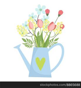 Bouquet of spring flowers inside the watering can. Flat design. Hand drawn trendy vector greeting card.. Bouquet of spring flowers inside the watering can. Flat design