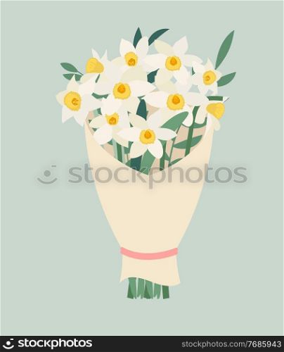 Bouquet of spring flowers of daffodils isolated on blue background. Bouquet of spring flowers of daffodils isolated on blue background Vector Illustration EPS10