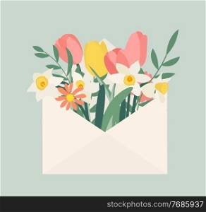 Bouquet of spring flowers tulips and daffodils in envelope. Vector Illustration. Bouquet of spring flowers tulips and daffodils in envelope. Vector Illustration. EPS10
