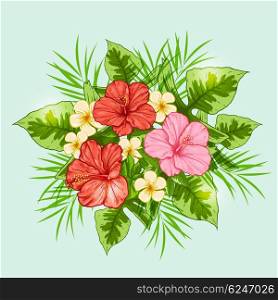 Bouquet of tropical flowers on a green background. Hand drawn vector illustration.