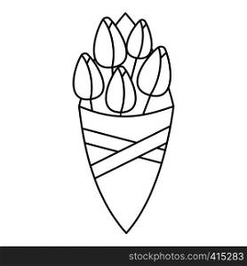 Bouquet of tulips wrapped in a paper icon. Outline illustration of bouquet of tulips wrapped in a paper vector icon for web. Bouquet of tulips wrapped in a paper icon