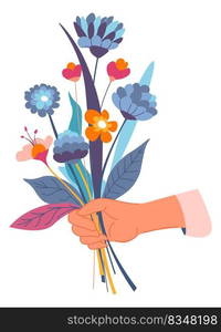 Bouquet of wildflowers, isolated hands holding exotic plants. Blossom and blooming of botany, aromatic bunch of leaves. Daisy and tulip, spring and summer seasonal flora. Vector in flat style. Flower in blossom, bouquet with wildflowers vector