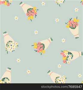 Bouquet set with spring flowers tulips and daffodils seamless pattern background. Vector Illustration. Bouquet set with spring flowers tulips and daffodils seamless pattern background. Vector Illustration EPS10