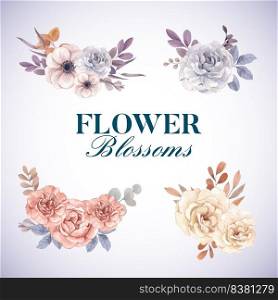 Bouquet template with floral feather boho concept,watercolor style