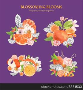 Bouquet template with orange grapefruit concept,watercolor