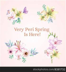 Bouquet template with peri spring flower concept,watercolor style 