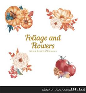 Bouquet template with rustic fall foliage concept,watercolor style 