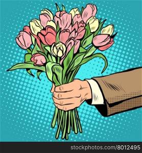 bouquet tulips flowers gift pop art retro style. The man congratulates the woman with a holiday. International womens day Valentines day birthday. bouquet tulips flowers gift