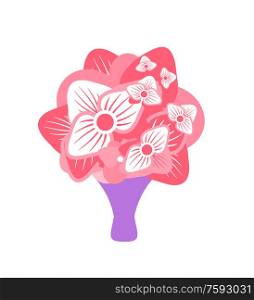 Bouquet vector, flowers isolated floral composition gathered in special decorative wrapping, present or celebration of holiday, flat style congrats. Bouquet with Flowers and Special Wrapping Vector