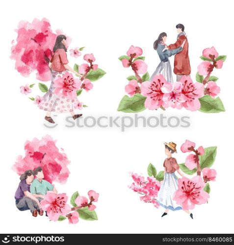 Bouquet with cherry blossom concept design watercolor vector illustration 