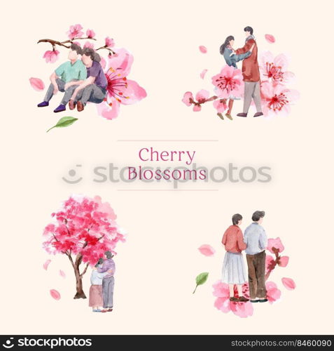 Bouquet with cherry blossom concept design watercolor vector illustration 