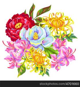 Bouquet with China flowers. Bright buds of magnolia, peony, rhododendron and chrysanthemum.