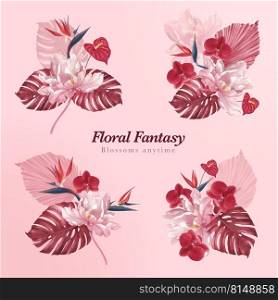 Bouquet with p&as floral watercolor vector illustration 