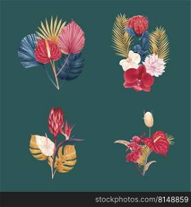 Bouquet with p&as floral watercolor vector illustration 