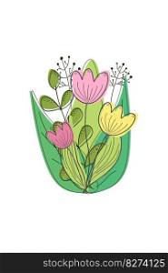 bouquet with pink and yellow flowers with different green leaves isolated on a white background. Vector. 