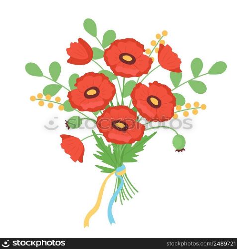 Bouquet with poppy flowers and ribbons semi flat color vector object. Full sized item on white. National Ukrainian symbols simple cartoon style illustration for web graphic design and animation. Bouquet with poppy flowers and ribbons semi flat color vector object