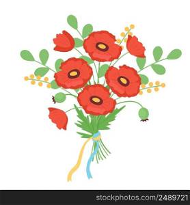 Bouquet with poppy flowers and ribbons semi flat color vector object. Full sized item on white. National Ukrainian symbols simple cartoon style illustration for web graphic design and animation. Bouquet with poppy flowers and ribbons semi flat color vector object