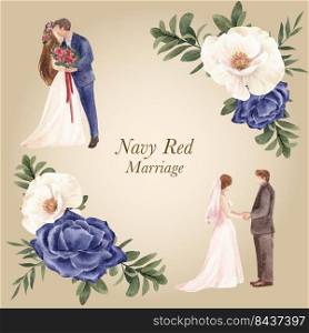 Bouquet with red navy wedding concept,watercolor style 