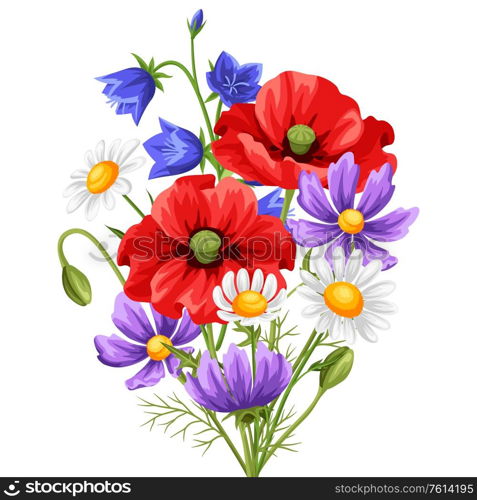 Bouquet with summer flowers. Beautiful realistic poppies, daisies and bells.. Bouquet with summer flowers.