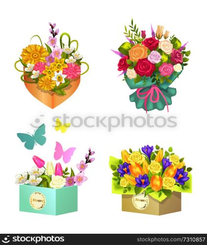 Bouquets and flowers set, collection of boxes with floral elements, gerbera and roses, butterflies and decoration, isolated on vector illustration. Bouquets and Flowers Set, Vector Illustration
