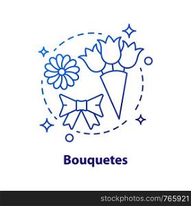 Bouquets concept icon. Flowers. Holiday present idea thin line illustration. Camomile, bow, bunch of tulips. Vector isolated outline drawing. Bouquets concept icon