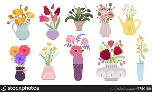 Bouquets. Garden flowers bunch, blooming summer botanical herbs. Herbaceous plants in pots, pitchers and bottles. Flat floral vector set. Illustration botanical blossom bouquet, flower spring. Bouquets. Garden flowers bunch, blooming summer botanical herbs. Herbaceous plants in pots, pitchers and bottles. Flat floral vector set