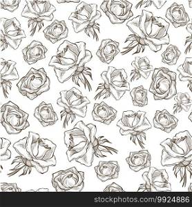 Bouquets of roses, seamless pattern. Flourishing plant on stem with petals. Floristic composition, decorative print. Blooming and blossom of spring. Monochrome sketch outline, vector in flat style. Roses with petals, flowers in blossom seamless pattern