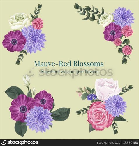 Bouquets with muave red floral concept,watercolor style 