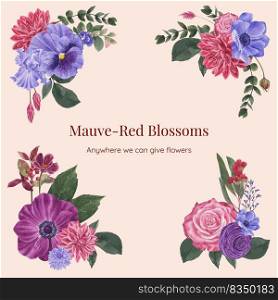 Bouquets with muave red floral concept,watercolor style