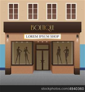 Boutique Building Illustration. Boutique building realistic background with fashion and beauty symbols vector illustration